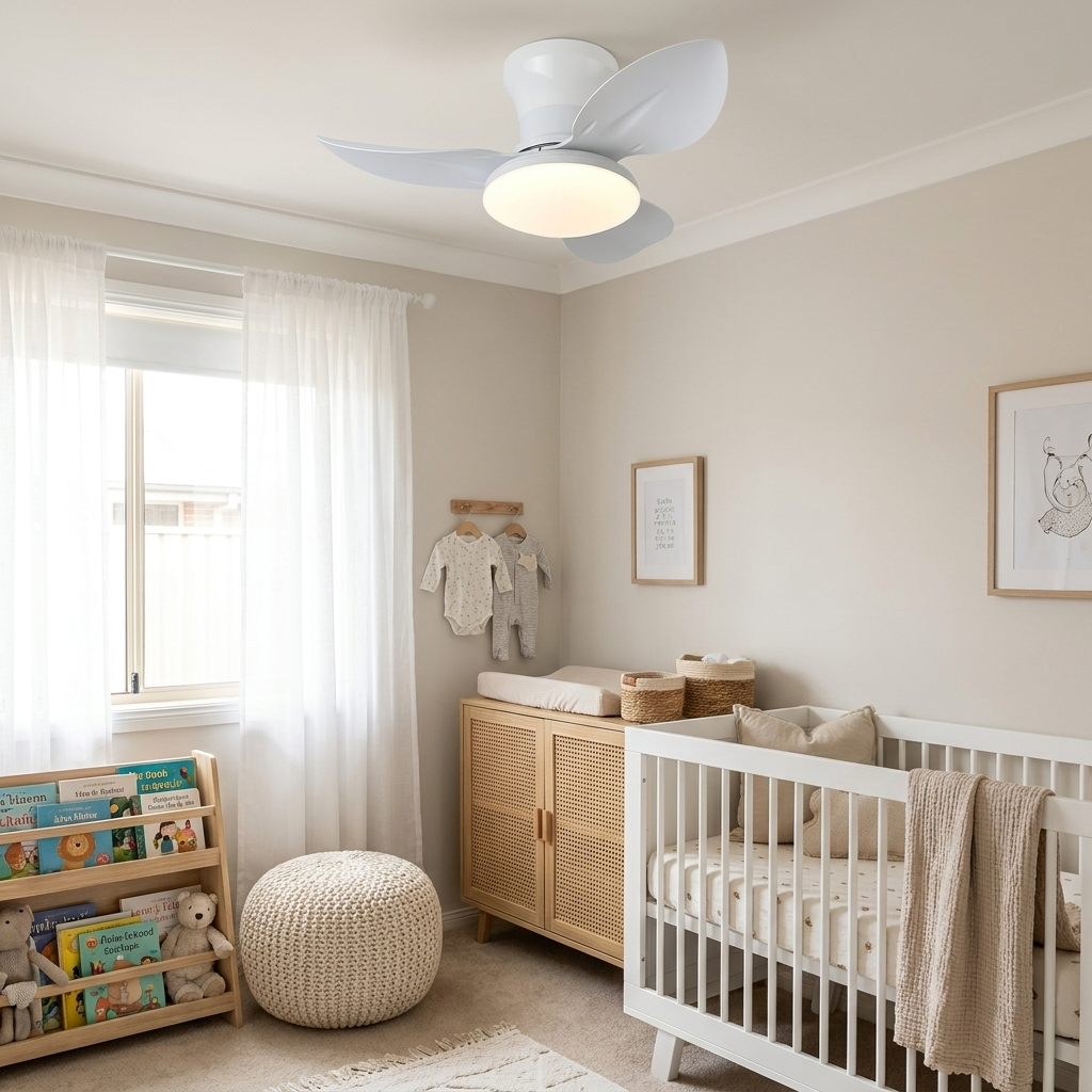 Rivelle white three blade ceiling fan light in a neutral nursery