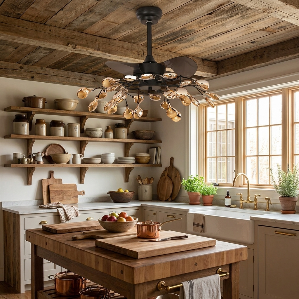 Belisa amber glass ceiling fan with light in a farmhouse kitchen