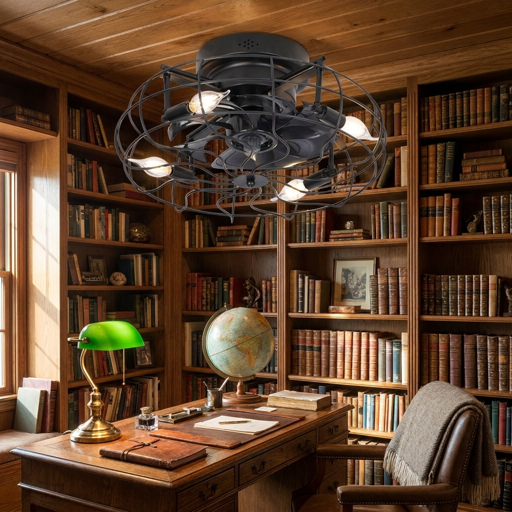 Ulric Retro Industrial black cage ceiling fan light in a library study