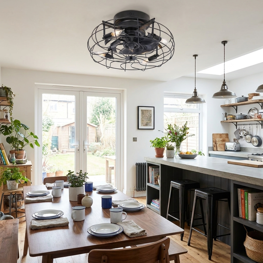 Ulric Retro Industrial black cage ceiling fan light in an open plan kitchen diner