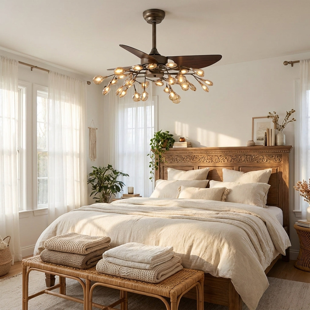 Belisa amber glass ceiling fan with light in a linen primary bedroom