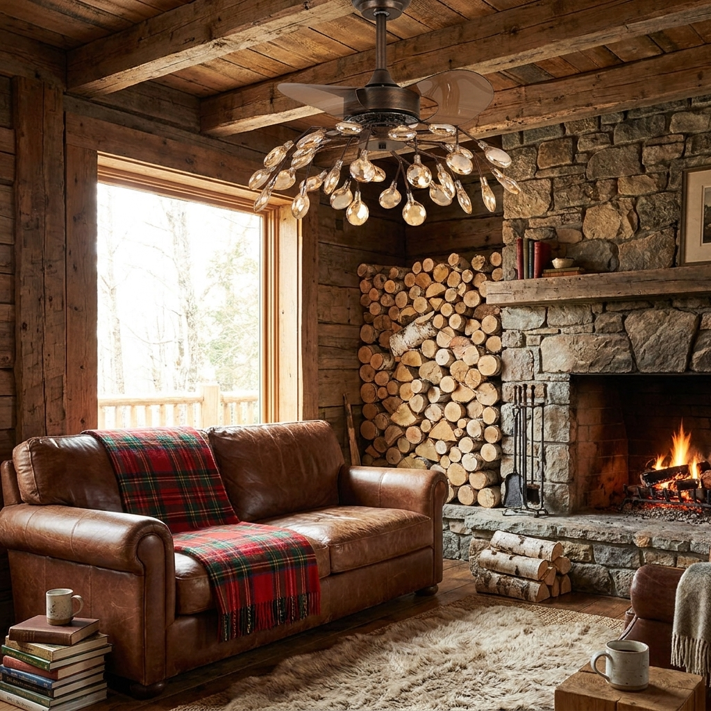 Belisa amber glass ceiling fan with light in a timber cabin lounge