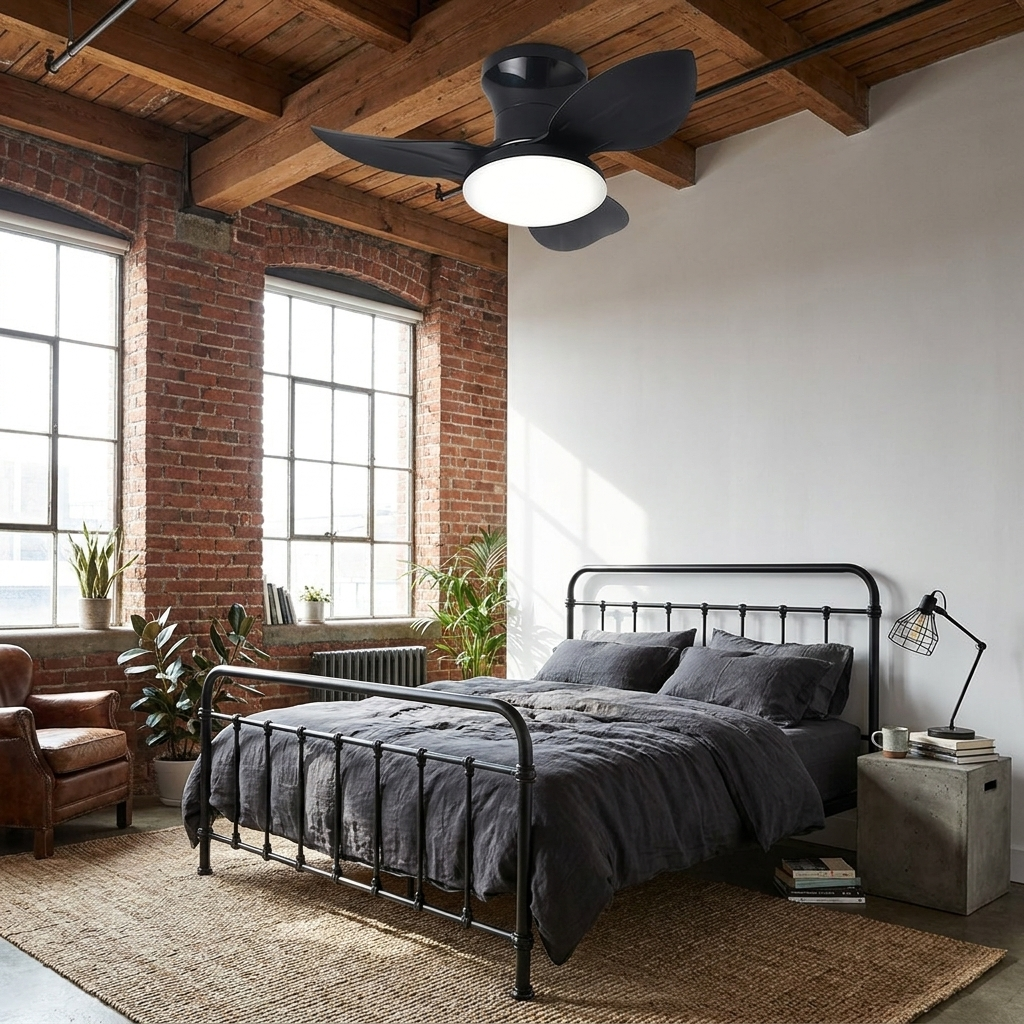 Rivelle black three blade ceiling fan light in an industrial loft bedroom