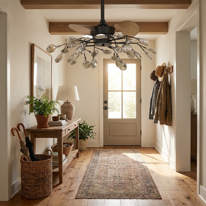 Belisa amber glass ceiling fan with light in a bright entryway
