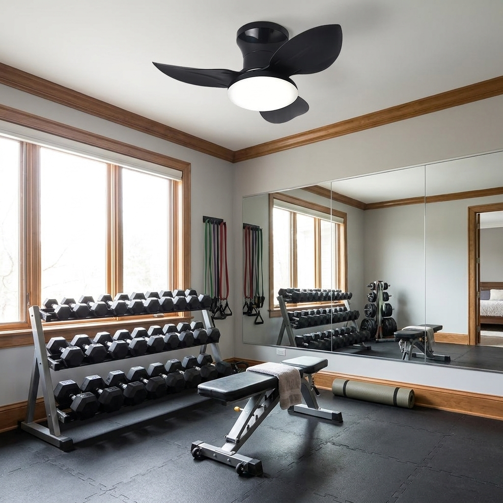 Rivelle black three blade ceiling fan light in a home gym