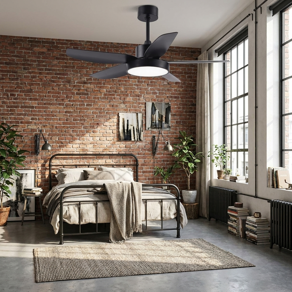 Galene black ceiling fan with light in an industrial loft bedroom
