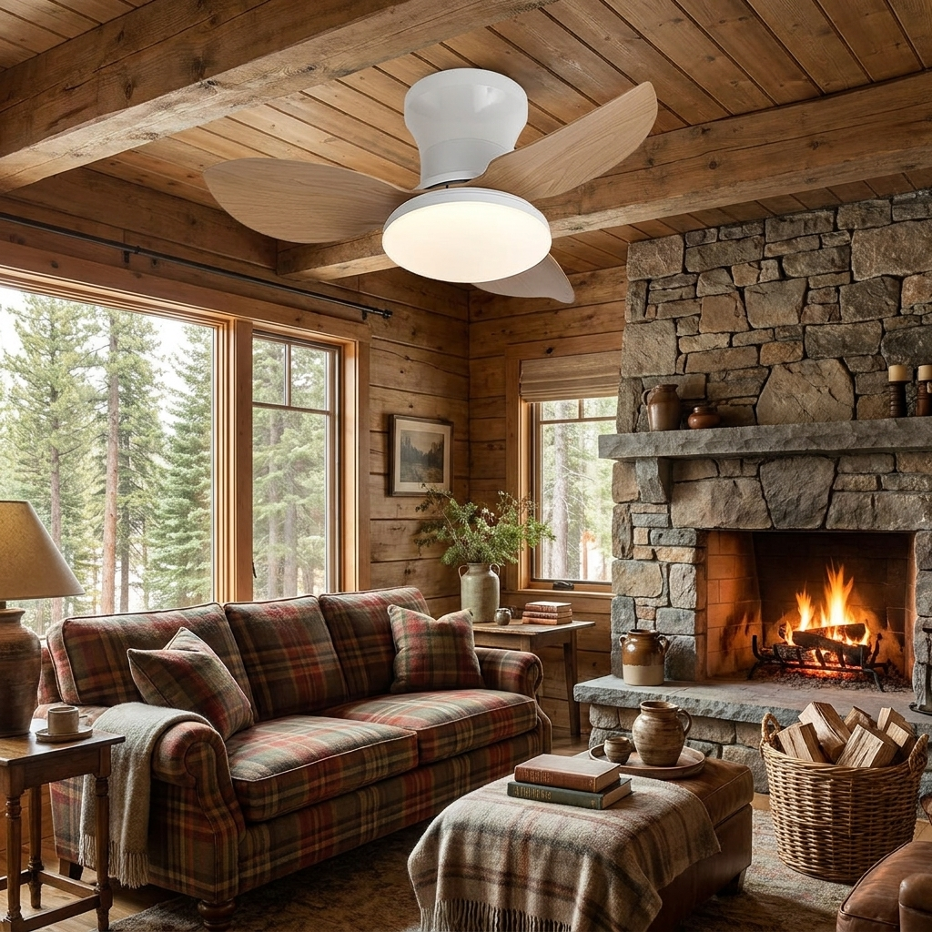 Rivelle wood grain three blade ceiling fan light in a cabin lounge