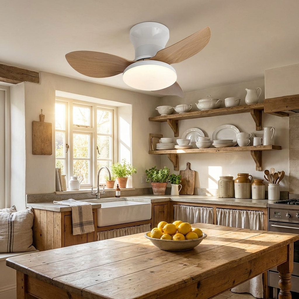 Rivelle wood grain three blade ceiling fan light in a farmhouse kitchen