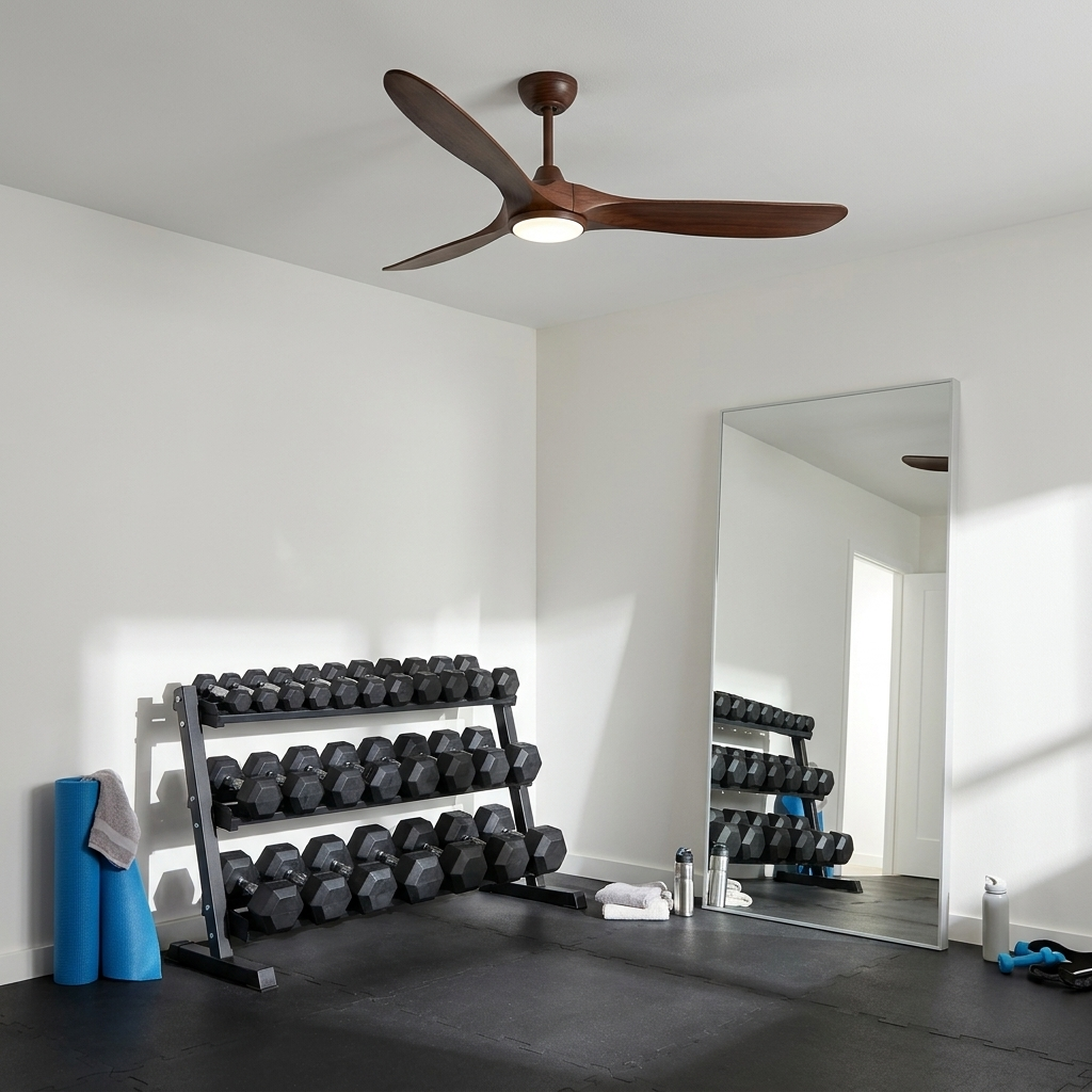 Havre walnut solid wood ceiling fan in a bright home gym