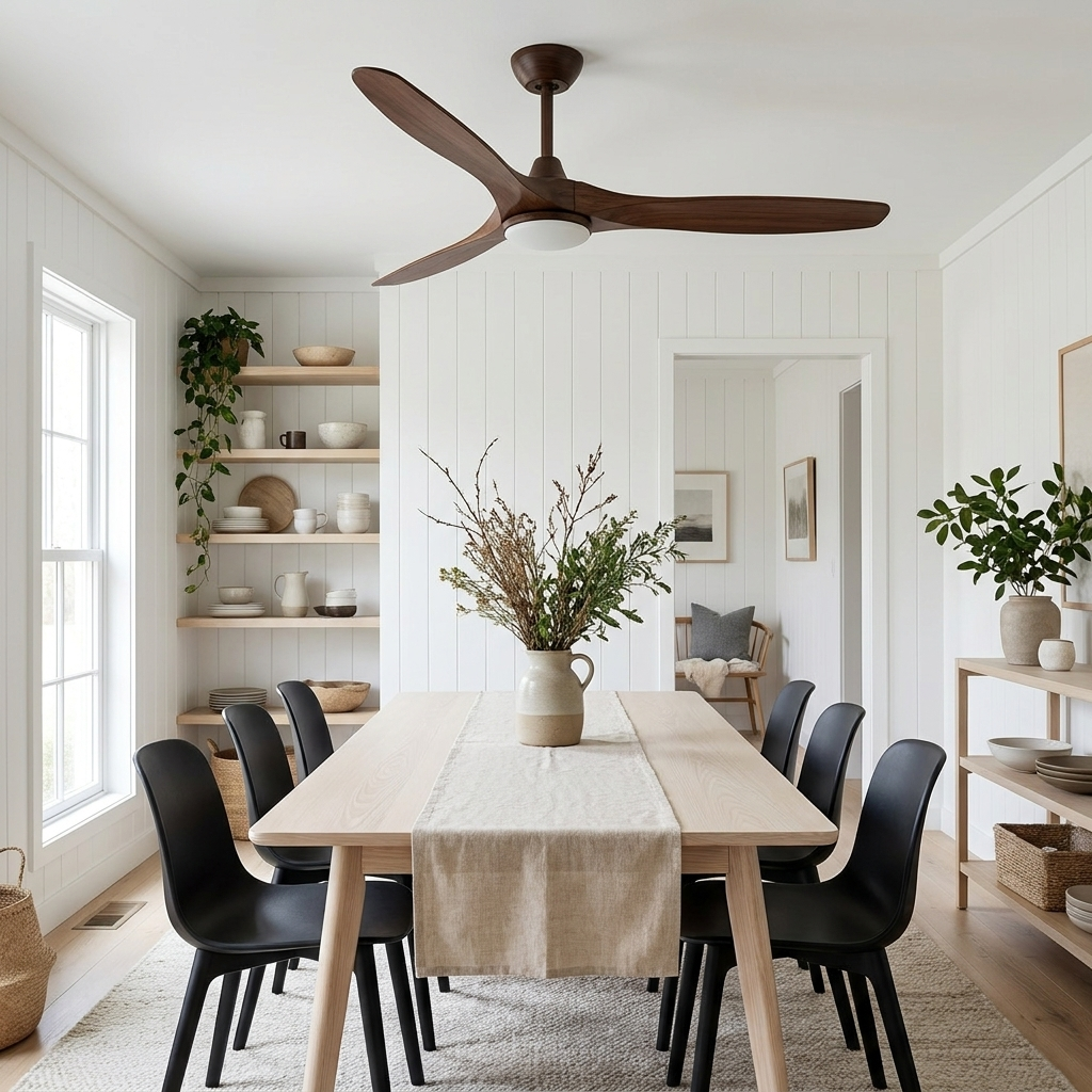 Havre walnut solid wood ceiling fan in a Scandinavian dining room