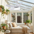 Galene white modern ceiling fan light in a bright garden conservatory