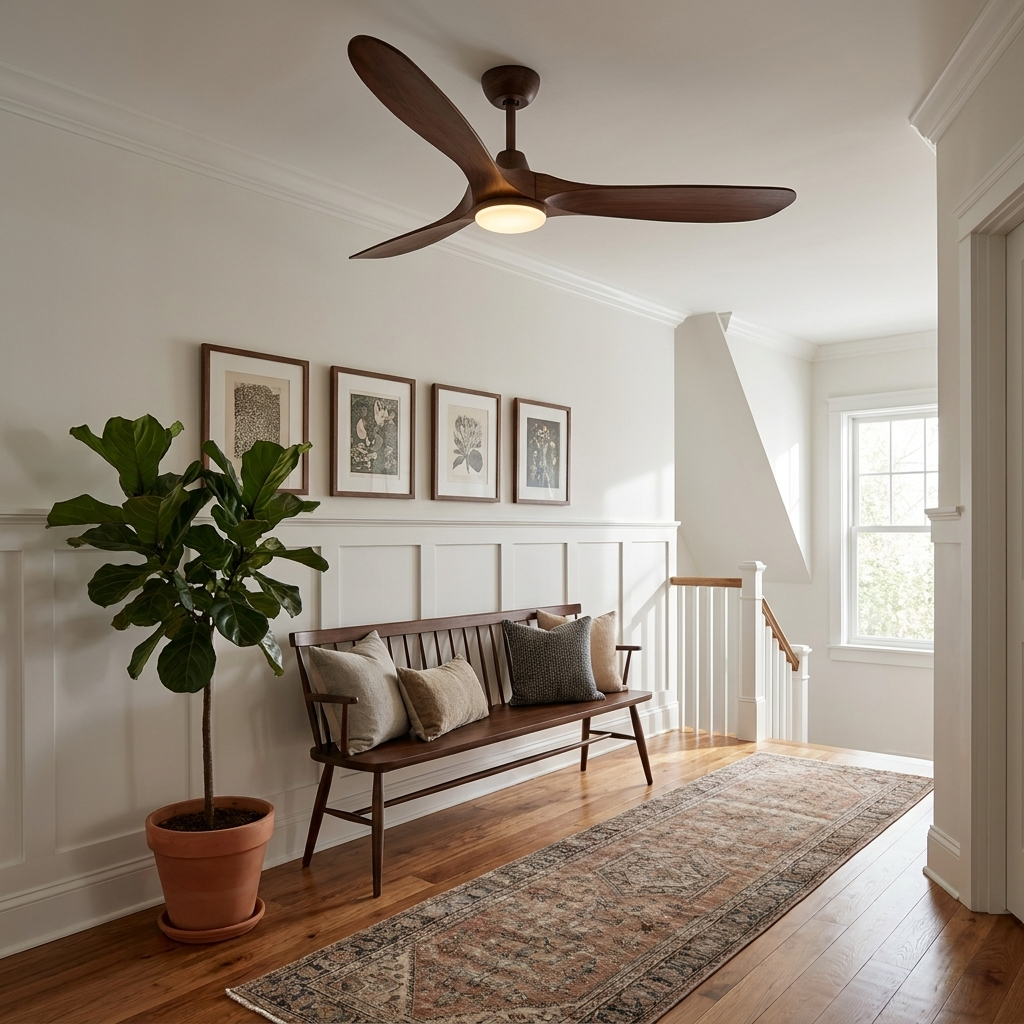 Havre walnut solid wood ceiling fan on a hallway landing