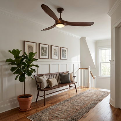 Havre walnut solid wood ceiling fan on a hallway landing