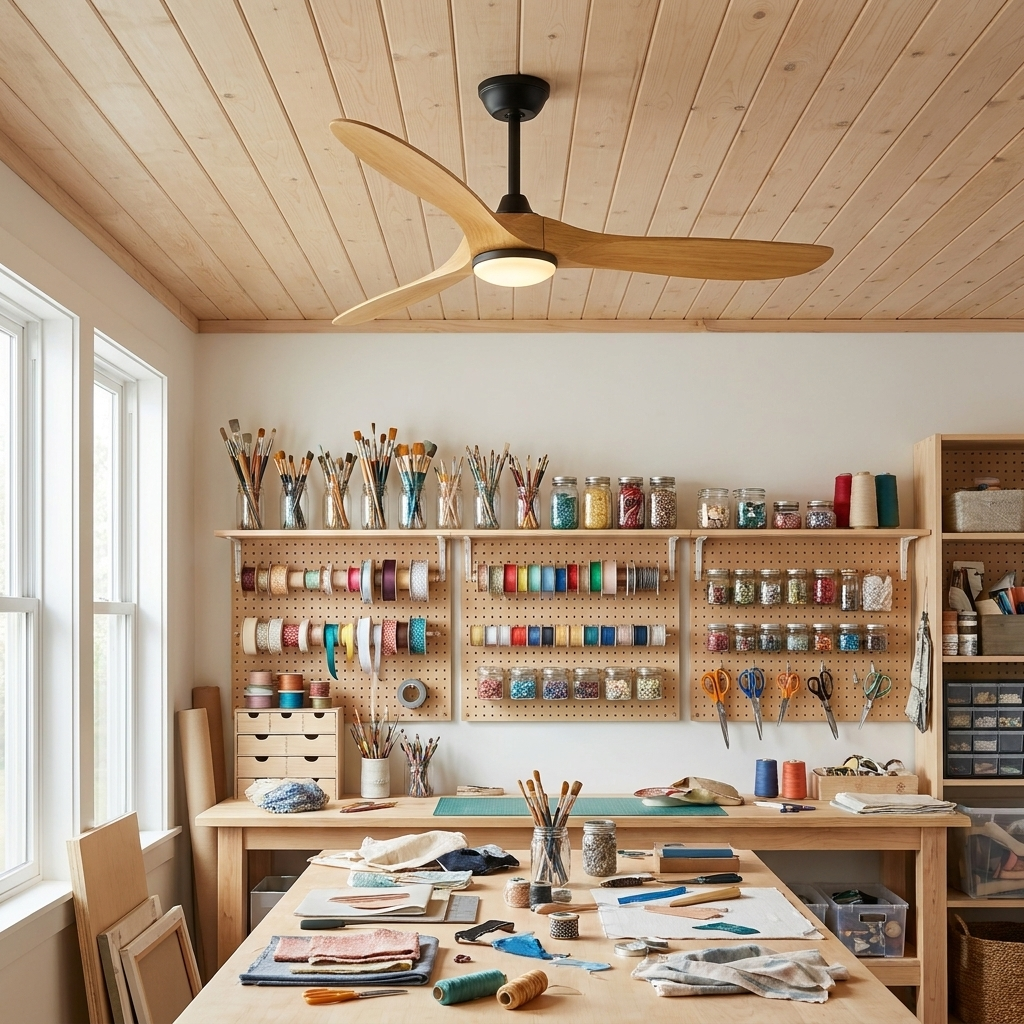 Havre okoume wood ceiling fan in a sunlit craft studio