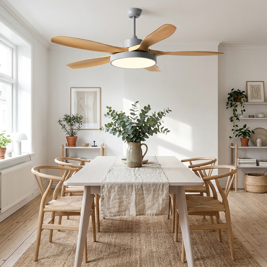 Verane Nordic gray silent inverter ceiling fan light in a Scandinavian dining room