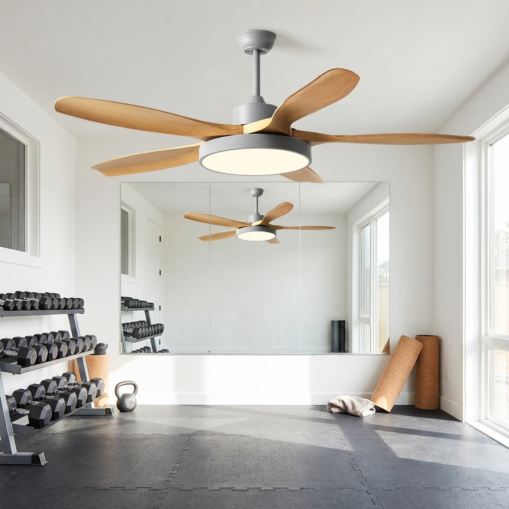 Verane Nordic gray ceiling fan with light in a bright home gym