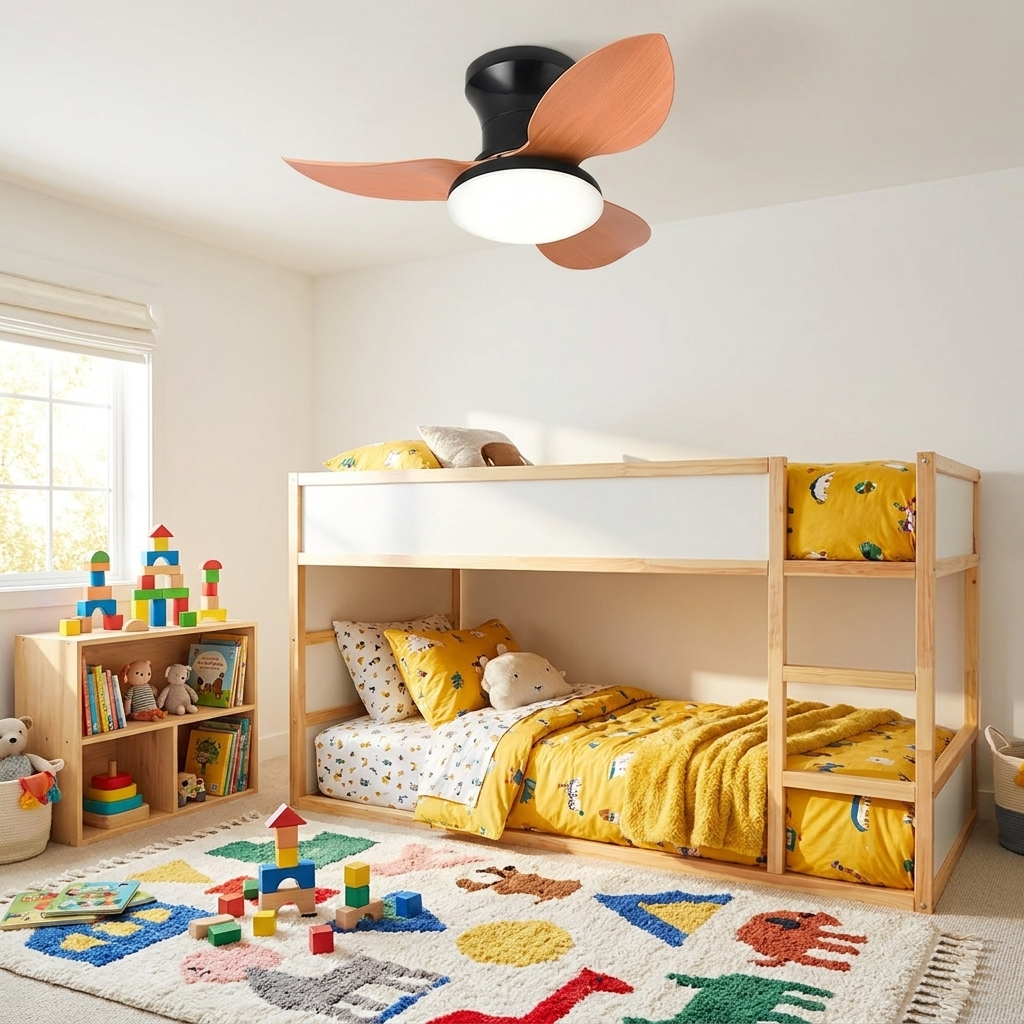 Rivelle peach wood three blade ceiling fan light in a children&