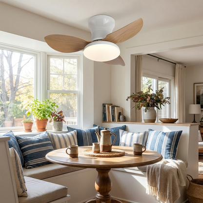 Rivelle wood grain three blade ceiling fan light in a breakfast nook
