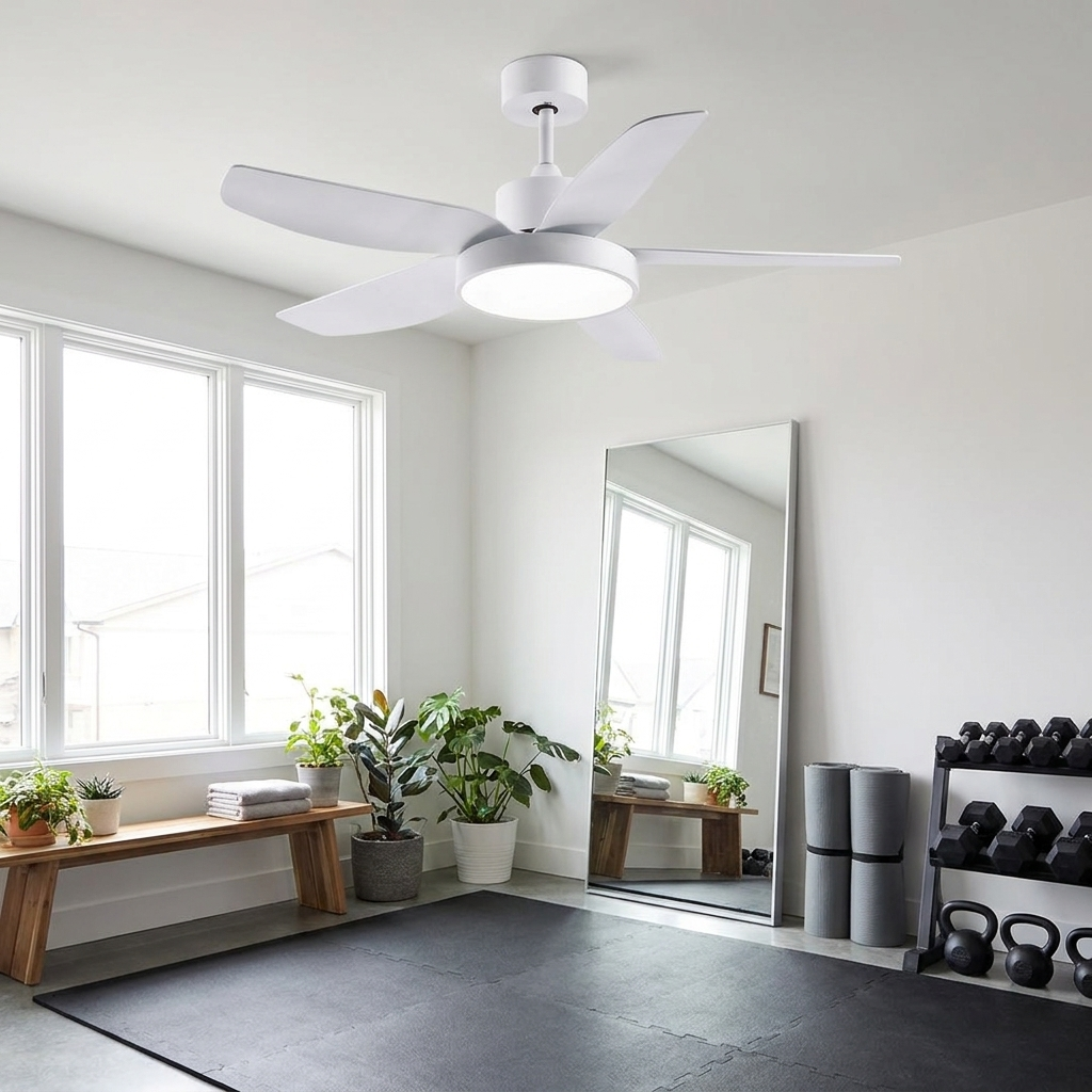 Galene white ceiling fan with LED light in a bright home gym