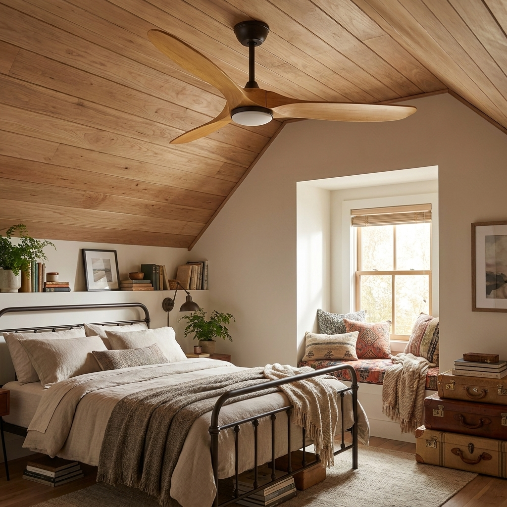 Havre okoume wood ceiling fan in an attic guest bedroom