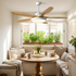 Verane Nordic white wood grain ceiling fan light in a sunny breakfast nook