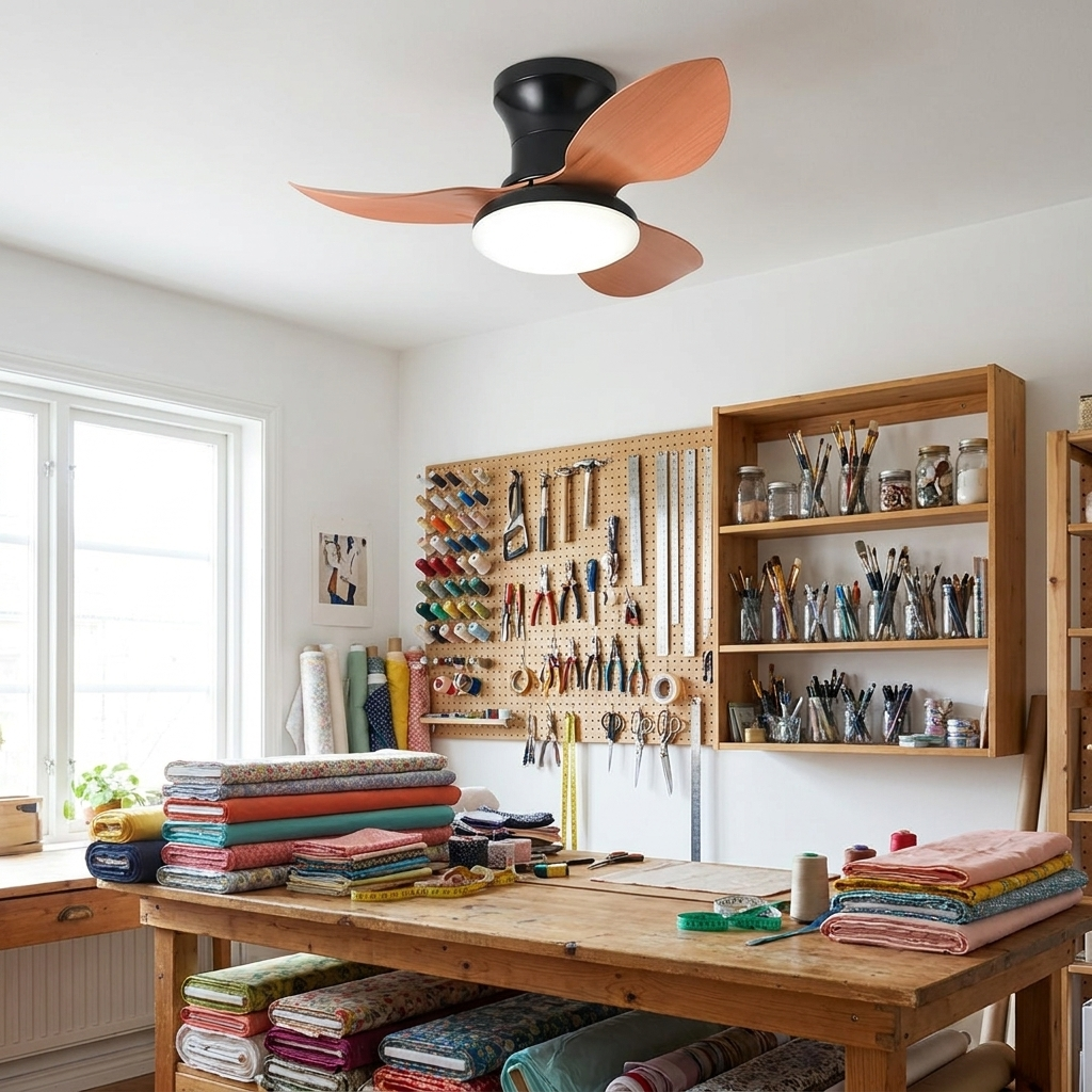 Rivelle peach wood three blade ceiling fan light in a craft studio