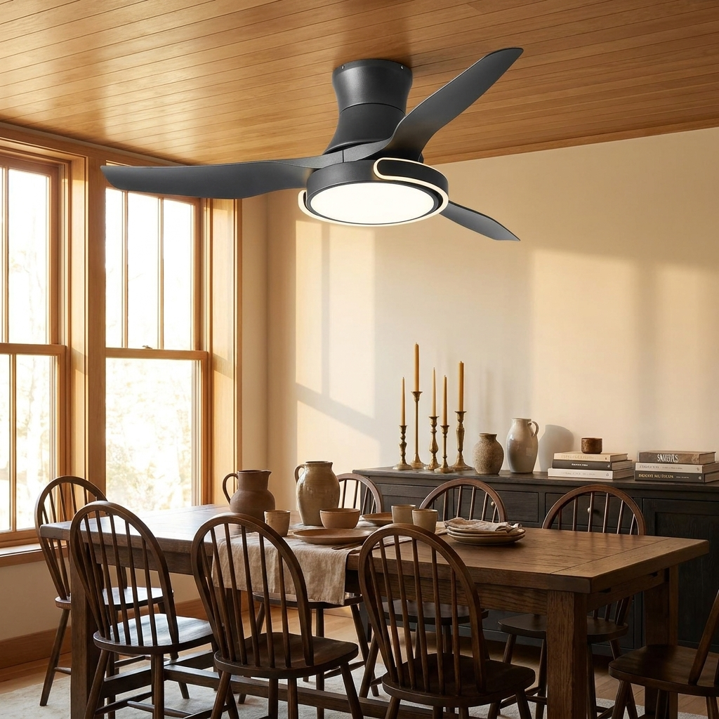 Kestral black ceiling fan light in a panelled dining room
