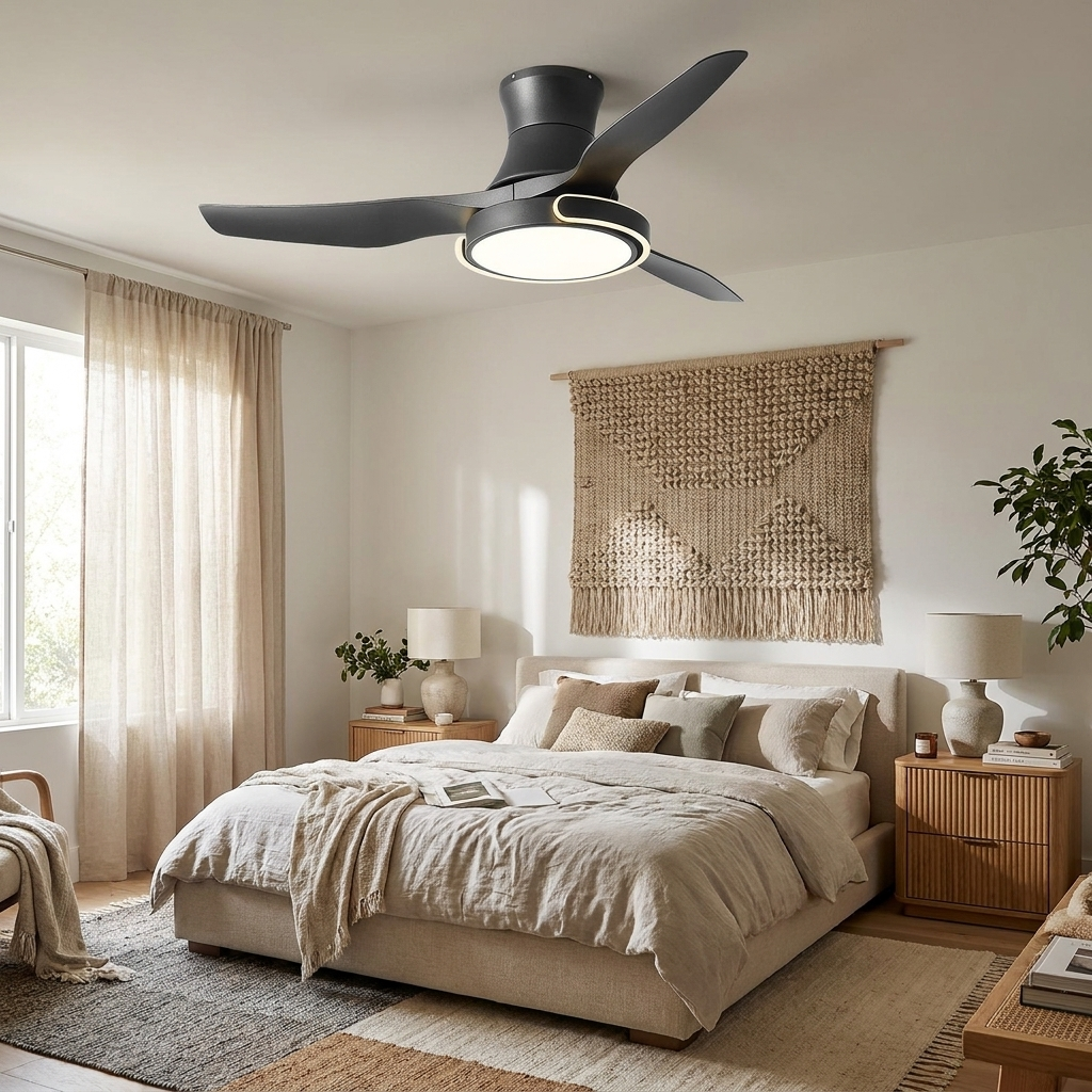 Kestral black ceiling fan light in a modern primary bedroom