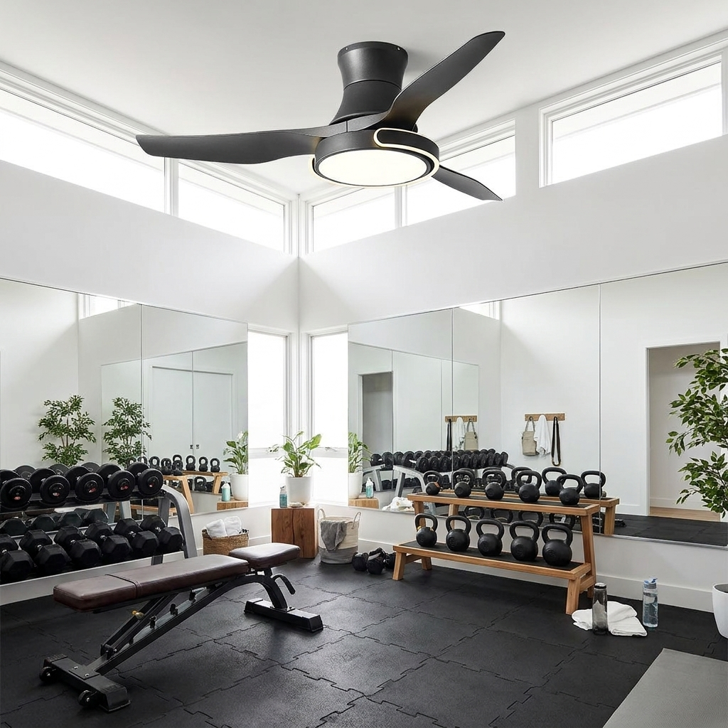 Kestral black ceiling fan light in a modern home gym