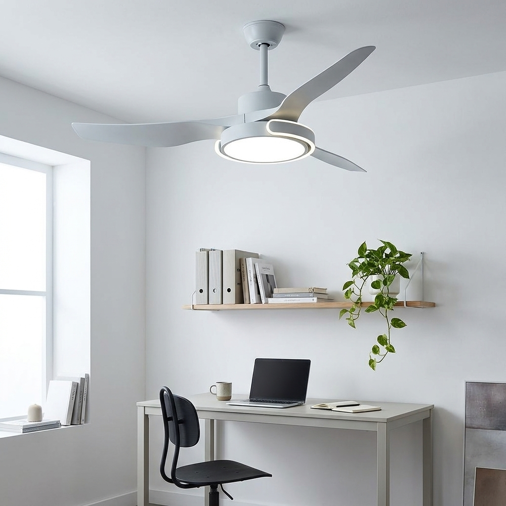 Kestral bright gray ceiling fan light in a minimalist home office
