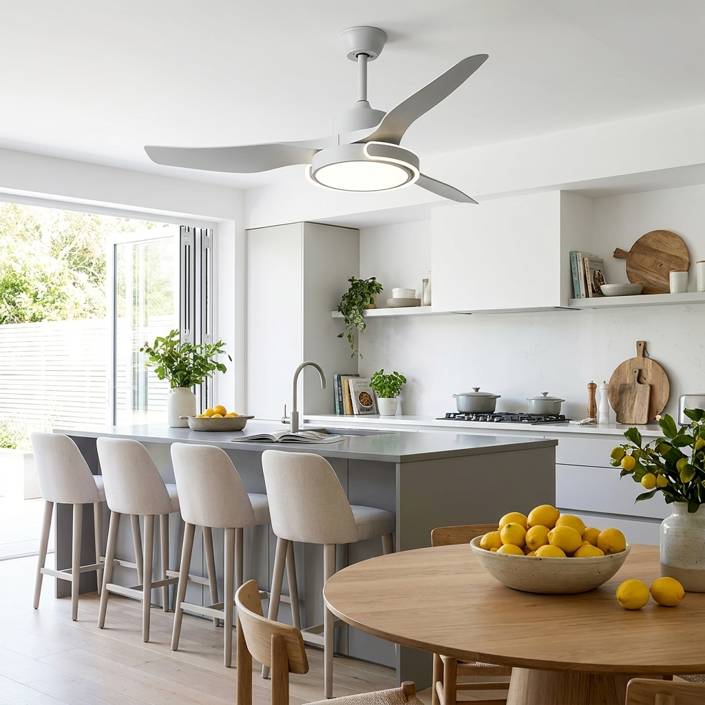 Kestral bright gray ceiling fan light in an open plan kitchen diner