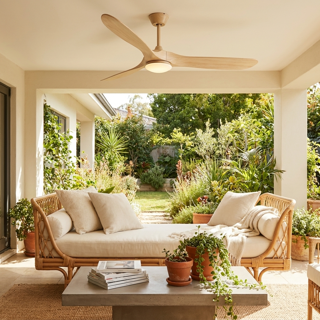 Havre log natural wood ceiling fan on a covered patio