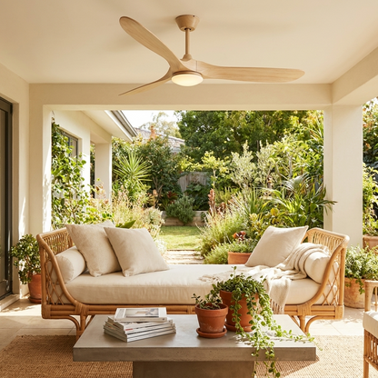 Havre log natural wood ceiling fan on a covered patio