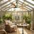 Verane Nordic green ceiling fan light in a sunlit conservatory