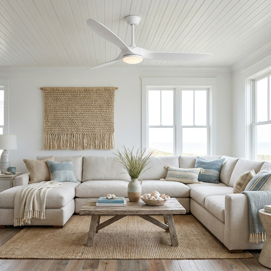 Havre white wood ceiling fan in a coastal living room