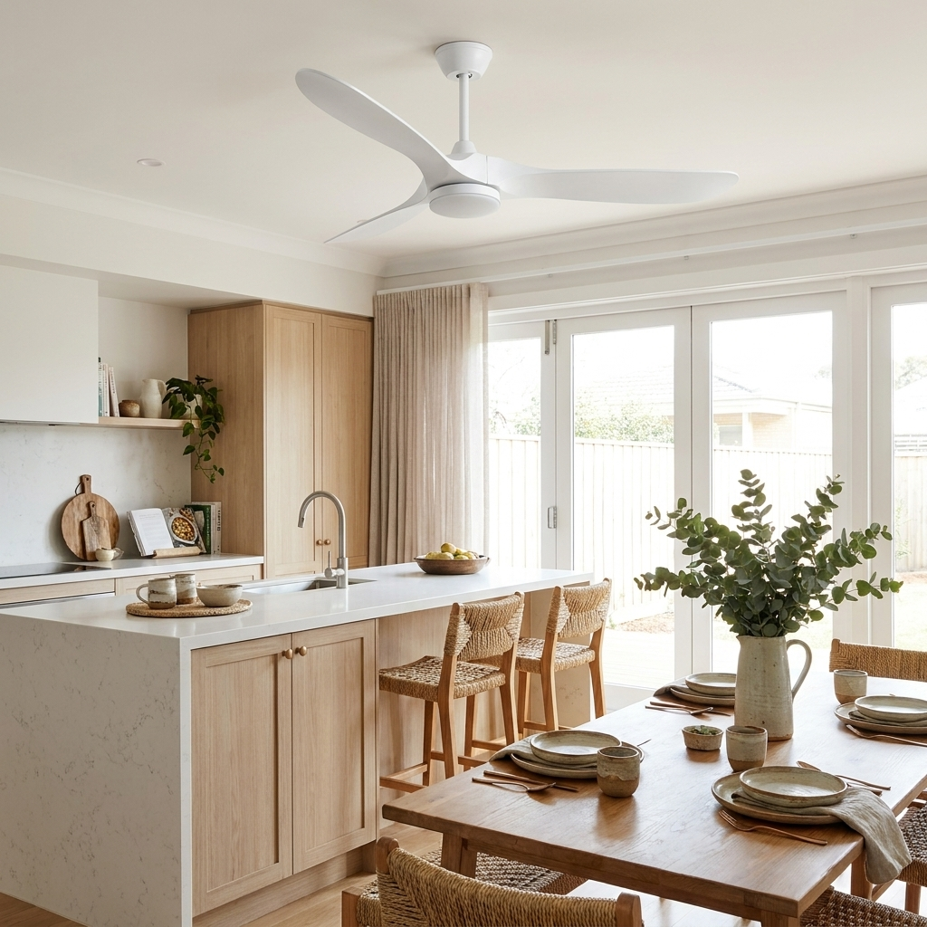 Havre white wood ceiling fan in an open plan kitchen diner