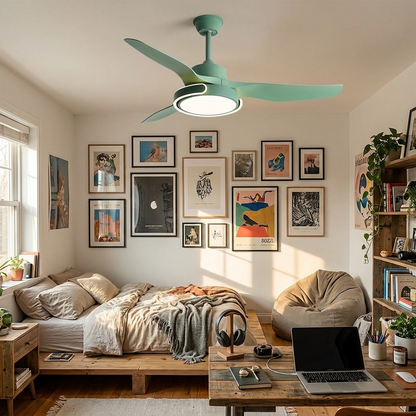 Kestral green ceiling fan light in a warm teen bedroom