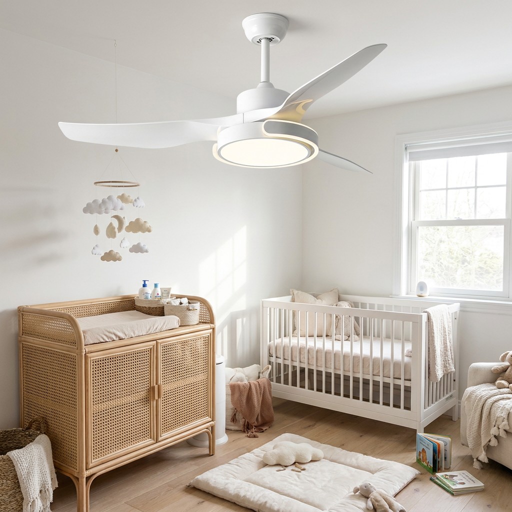 Kestral bright white ceiling fan light in a fresh nursery