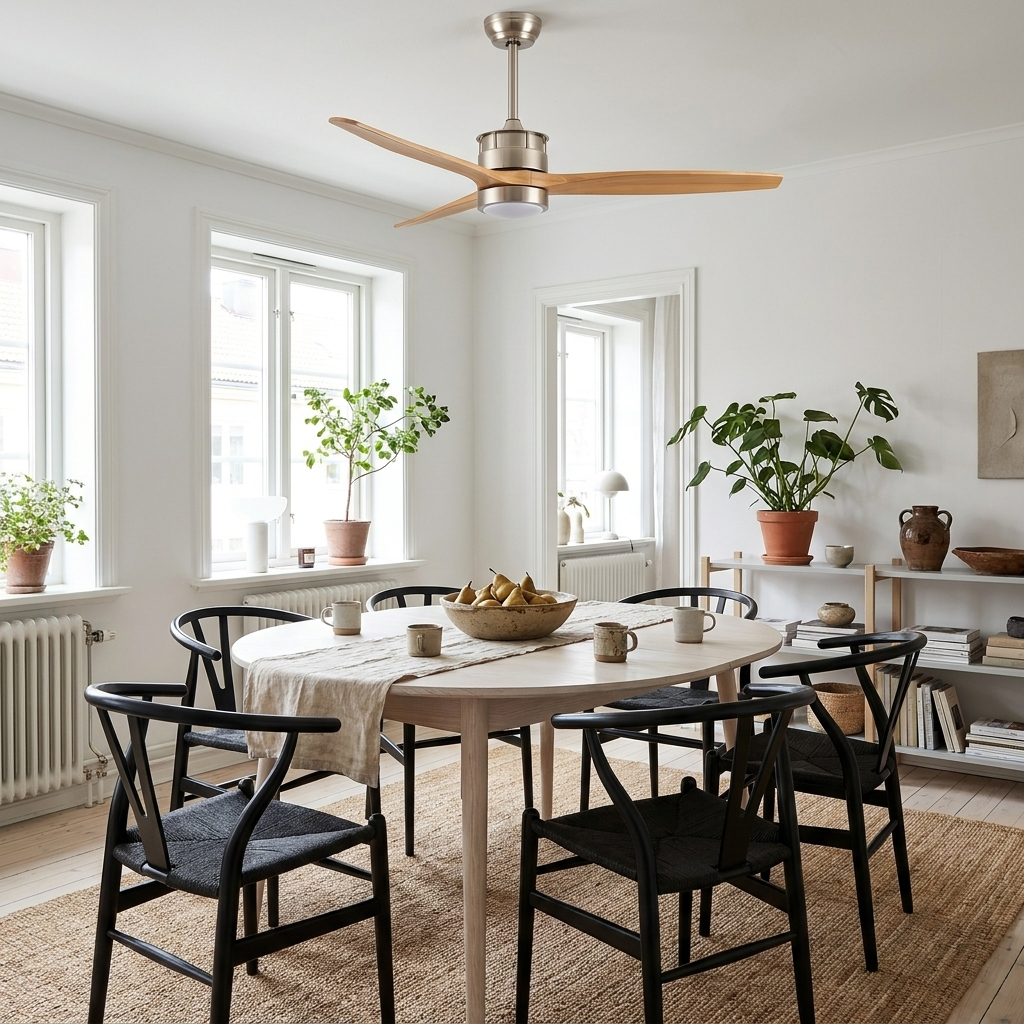 Corvin sand nickel light wood ceiling fan light in a Scandinavian dining room