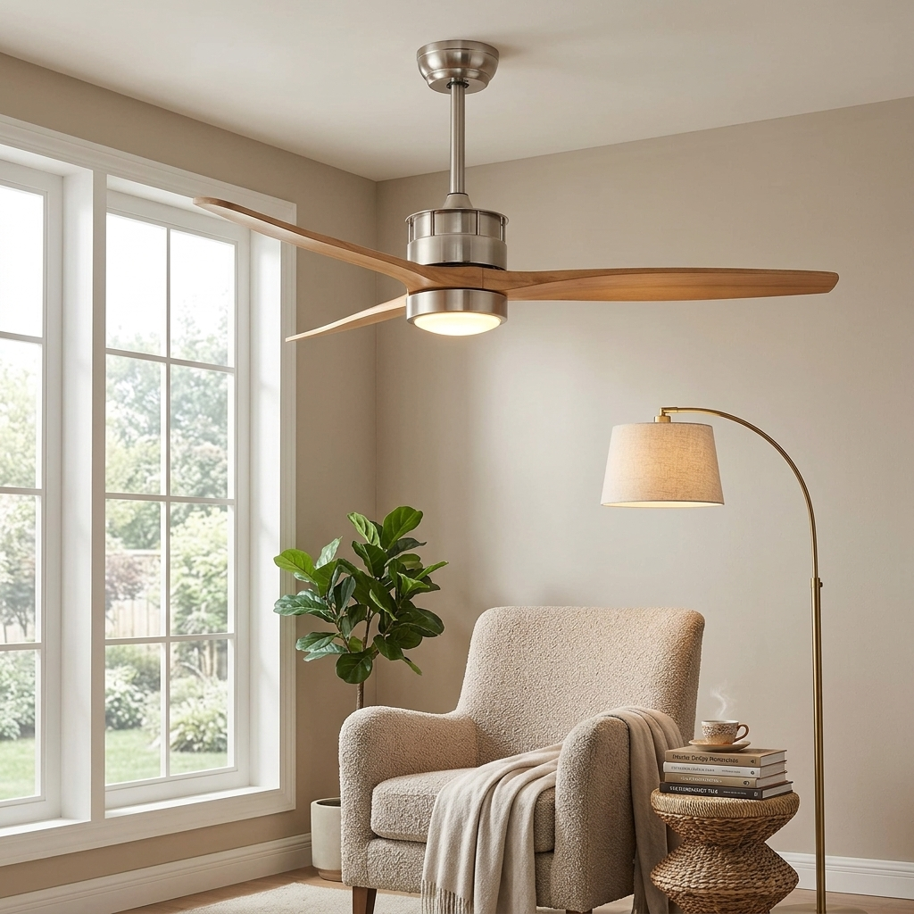 Corvin sand nickel light wood ceiling fan light in a sunlit reading corner