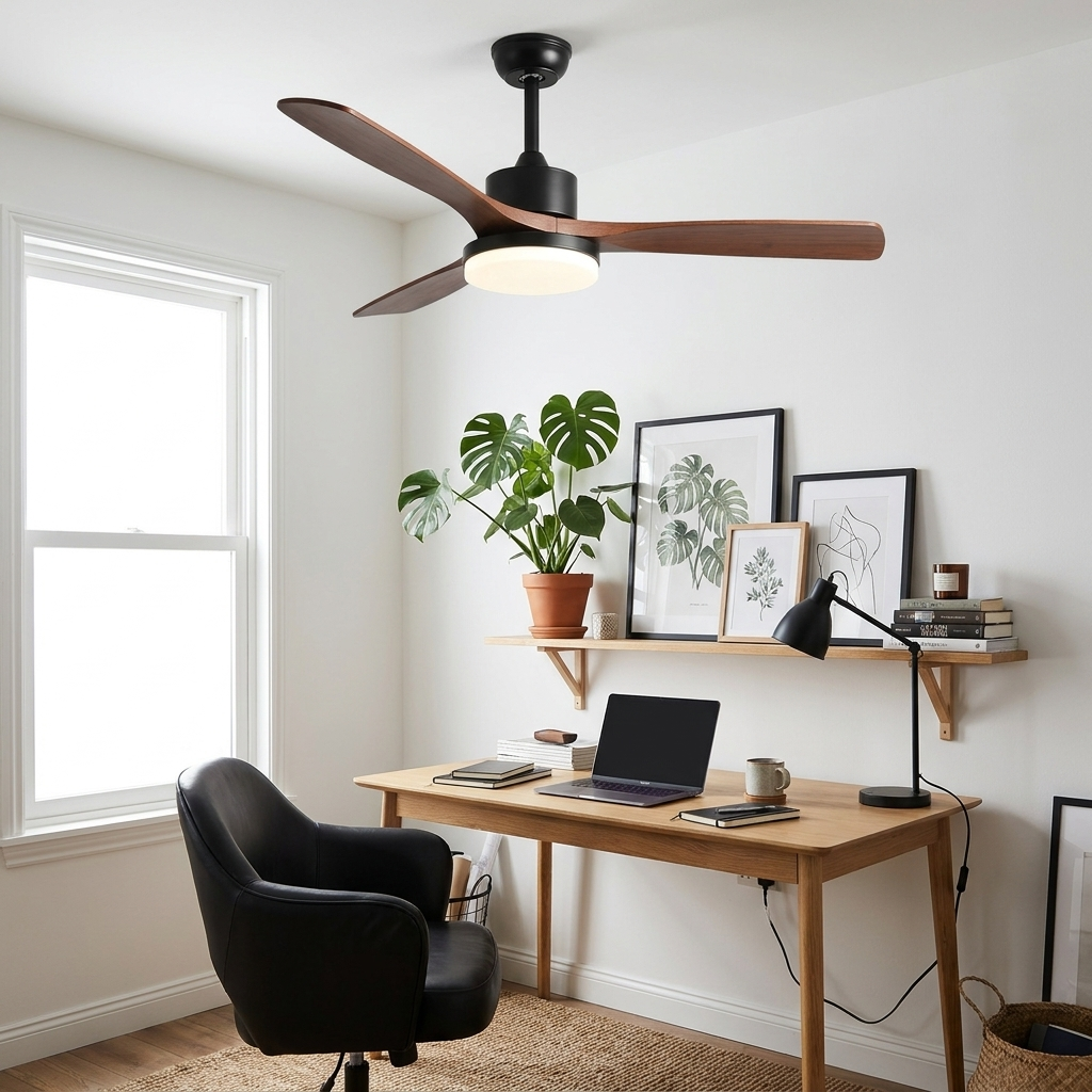 Pallas Nordic black wood blade ceiling fan light in a minimalist home office