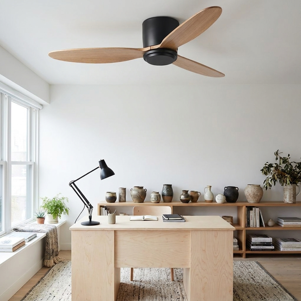 Javel Nordic black wood ceiling fan with light in a minimalist home office