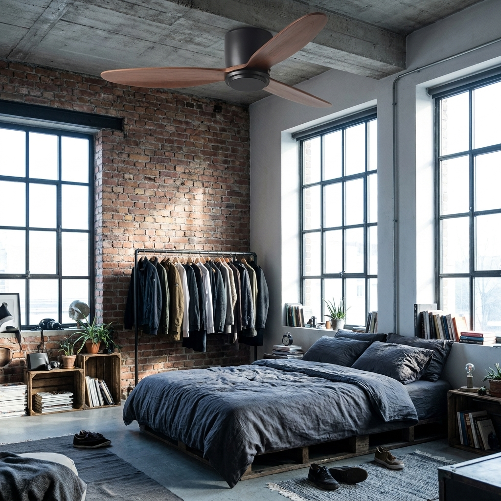 Javel Nordic black wood ceiling fan with light in an industrial loft bedroom
