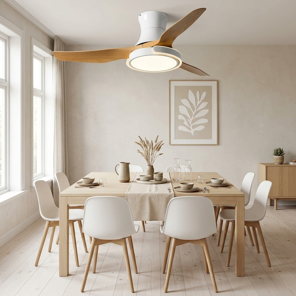 Kestral white and wood grain ceiling fan in a Scandinavian dining room