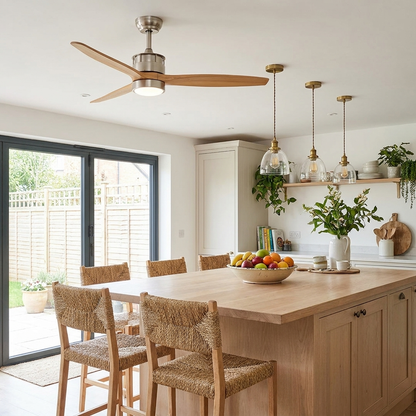 Corvin sand nickel light wood ceiling fan light in an open plan kitchen diner
