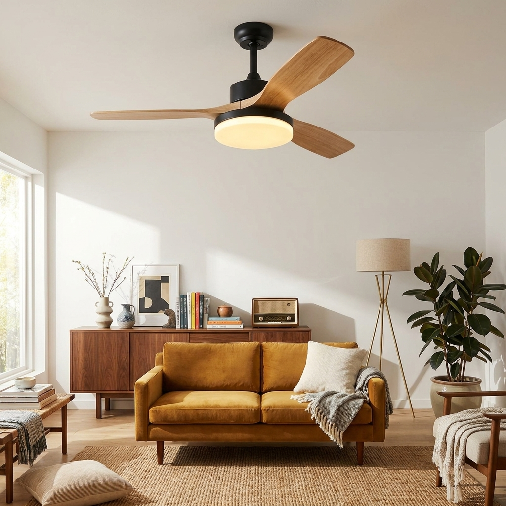 Pallas Nordic black wood blade ceiling fan light in a mid century living room