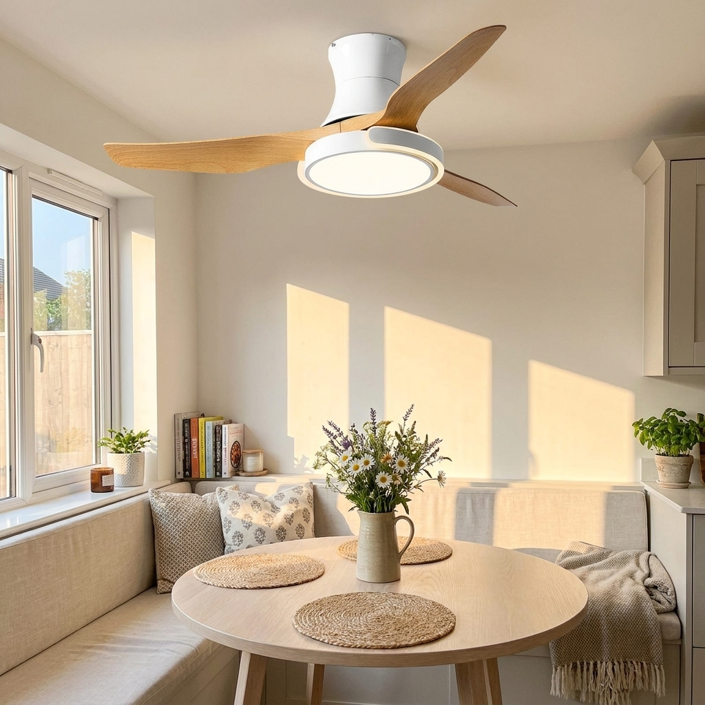 Kestral white and wood grain ceiling fan in a bright breakfast nook