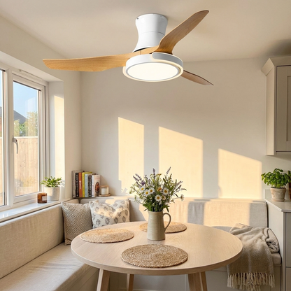 Kestral white and wood grain ceiling fan in a bright breakfast nook