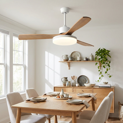 Pallas Nordic white wood blade ceiling fan light in a Scandinavian dining room