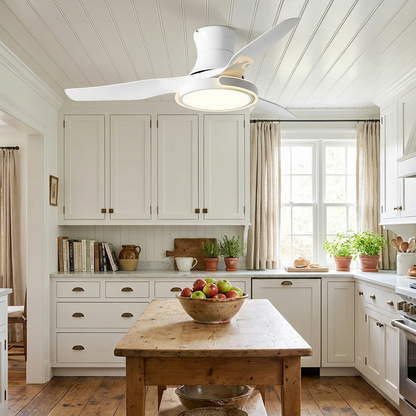 Kestral white ceiling fan light in a farmhouse kitchen